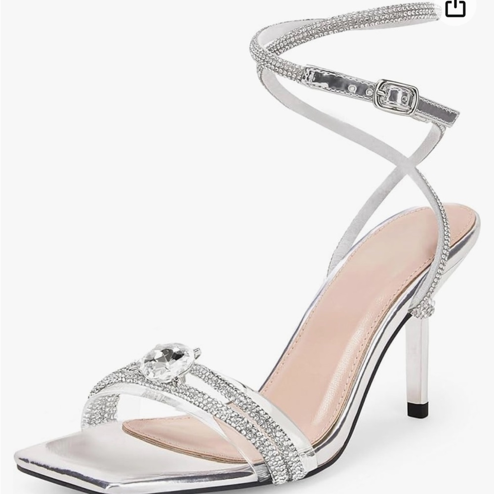 Women’s Rhinestone Strappy Clear Heel Square Toe Shoes Size 8